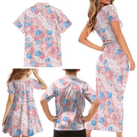 Anthurium Plumeria Lei Pastel Family Matching Short Sleeve Bodycon Dress and Hawaiian Shirt Pink Hawaiian Splendid Palaka