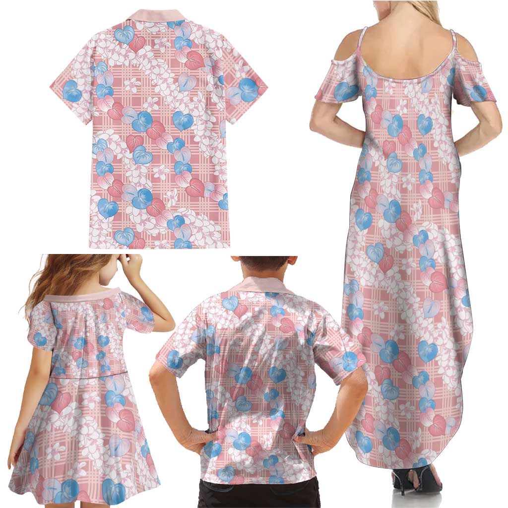 Anthurium Plumeria Lei Pastel Family Matching Summer Maxi Dress and Hawaiian Shirt Pink Hawaiian Splendid Palaka