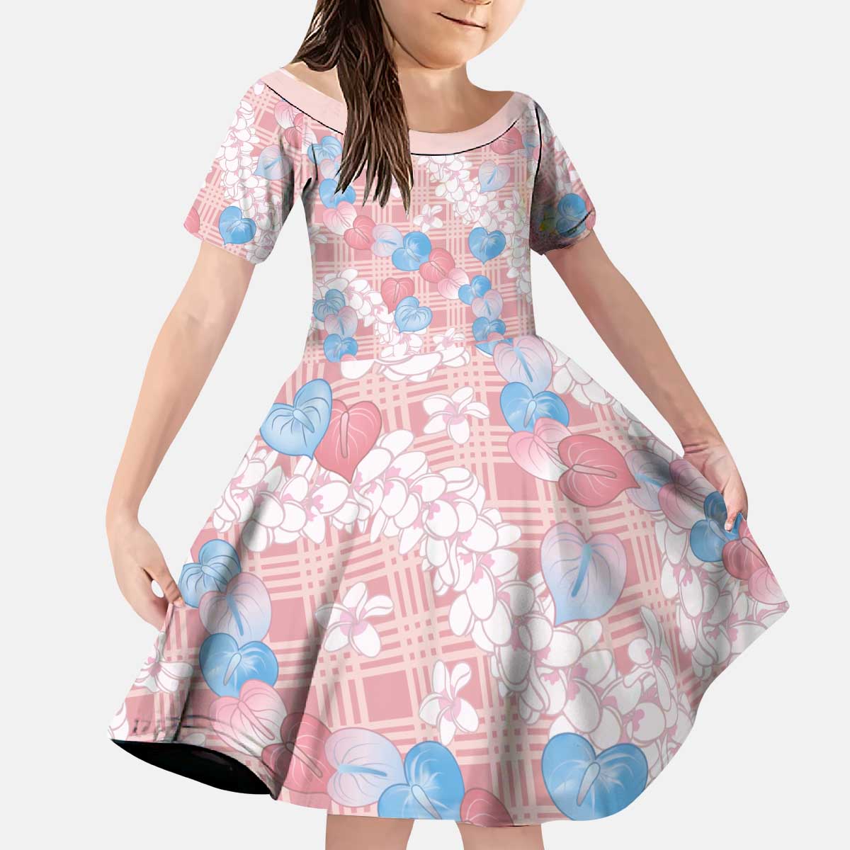Anthurium Plumeria Lei Pastel Kid Short Sleeve Dress Pink Hawaiian Splendid Palaka LT01 KID Pink - Polynesian Pride