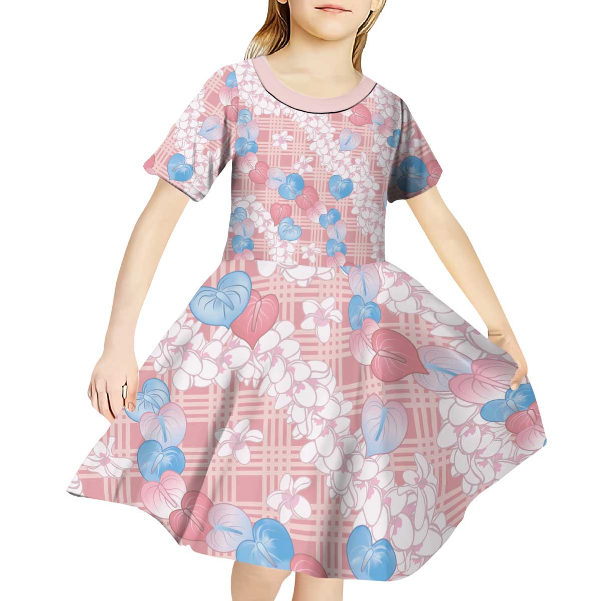 Anthurium Plumeria Lei Pastel Kid Short Sleeve Dress Pink Hawaiian Splendid Palaka LT01 - Polynesian Pride