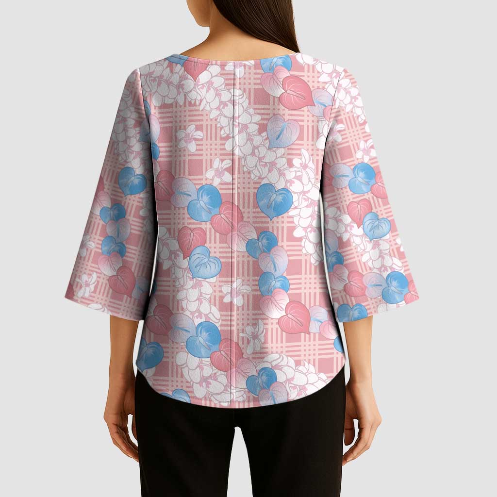 Anthurium Plumeria Lei Pastel Kimono Sleeve Blouse Pink Hawaiian Splendid Palaka LT01 - Polynesian Pride