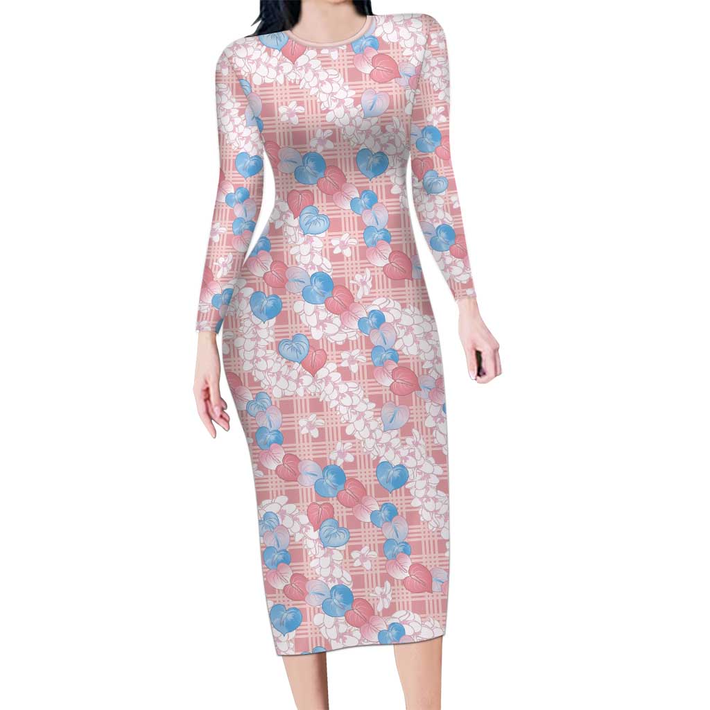 Anthurium Plumeria Lei Pastel Long Sleeve Bodycon Dress Pink Hawaiian Splendid Palaka LT01 Long Dress Pink - Polynesian Pride
