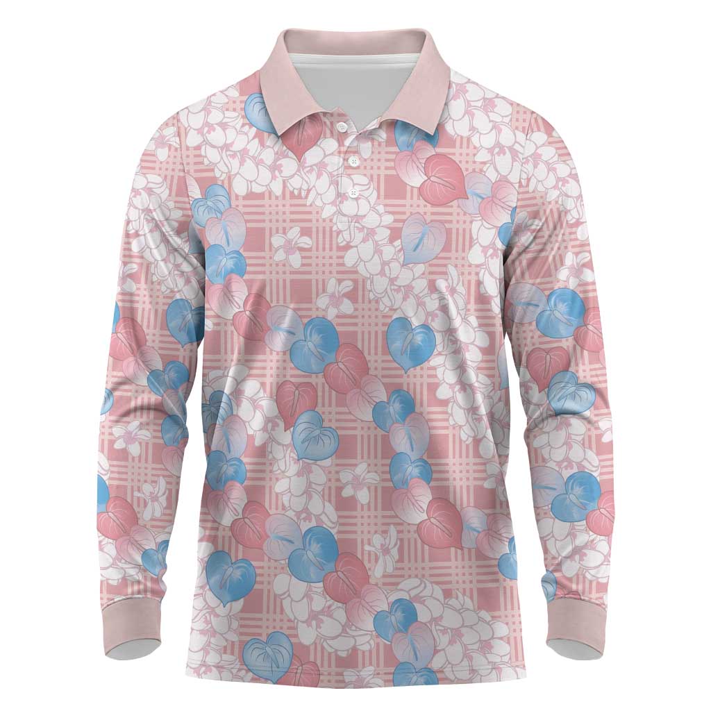 Anthurium Plumeria Lei Pastel Long Sleeve Polo Shirt Pink Hawaiian Splendid Palaka LT01 Pink - Polynesian Pride