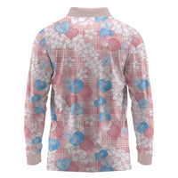Anthurium Plumeria Lei Pastel Long Sleeve Polo Shirt Pink Hawaiian Splendid Palaka LT01 - Polynesian Pride