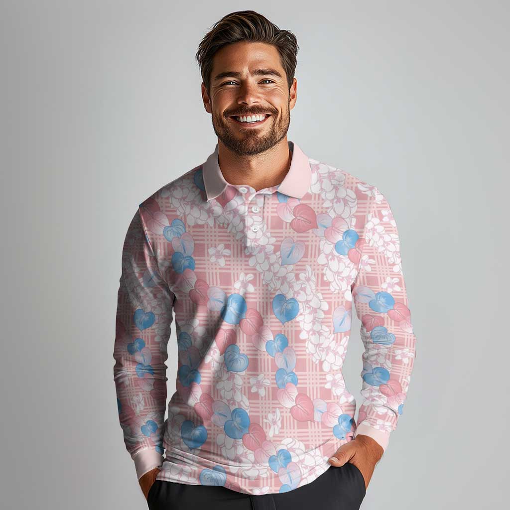 Anthurium Plumeria Lei Pastel Long Sleeve Polo Shirt Pink Hawaiian Splendid Palaka LT01 - Polynesian Pride