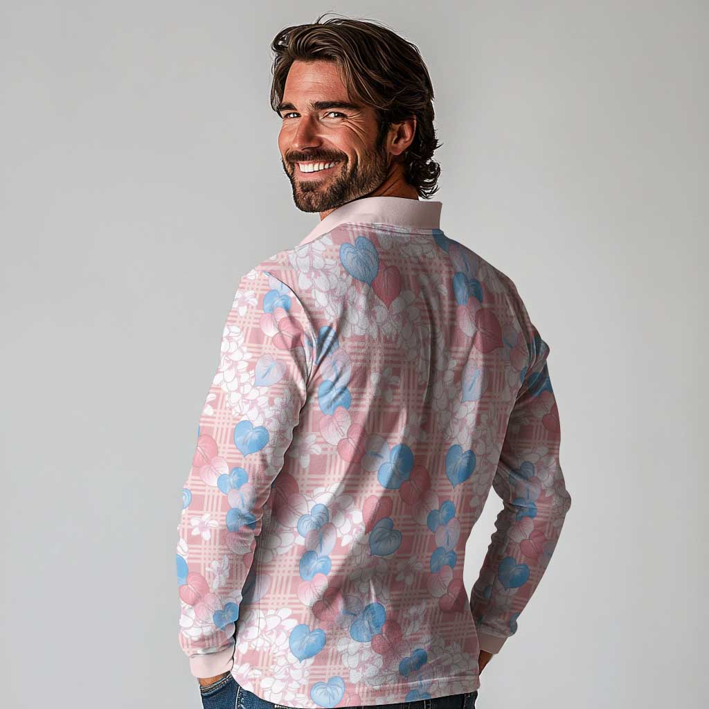 Anthurium Plumeria Lei Pastel Long Sleeve Polo Shirt Pink Hawaiian Splendid Palaka LT01 - Polynesian Pride