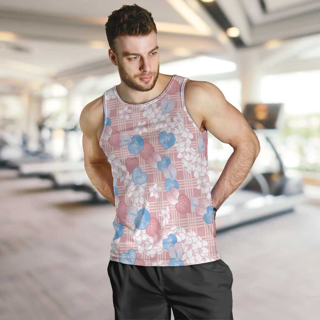 Anthurium Plumeria Lei Pastel Men Tank Top Pink Hawaiian Splendid Palaka LT01 Pink - Polynesian Pride