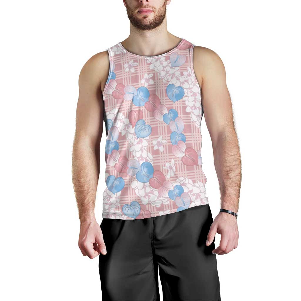 Anthurium Plumeria Lei Pastel Men Tank Top Pink Hawaiian Splendid Palaka LT01 - Polynesian Pride
