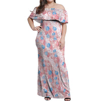 Anthurium Plumeria Lei Pastel Off Shoulder Maxi Dress Pink Hawaiian Splendid Palaka LT01 Women Pink - Polynesian Pride
