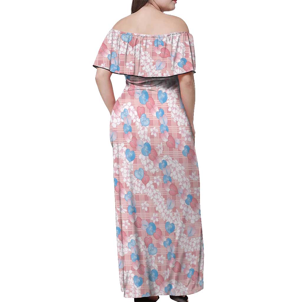Anthurium Plumeria Lei Pastel Off Shoulder Maxi Dress Pink Hawaiian Splendid Palaka LT01 - Polynesian Pride