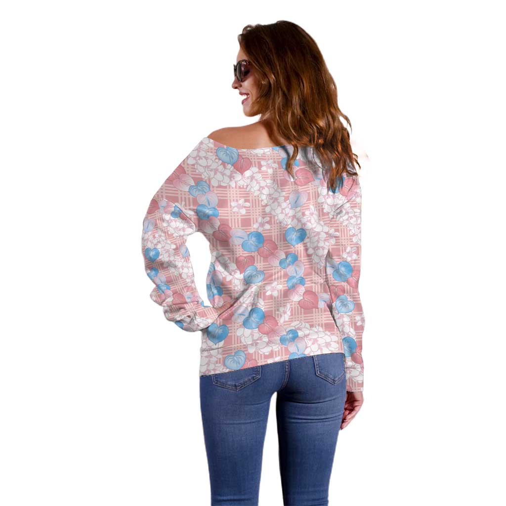 Anthurium Plumeria Lei Pastel Off Shoulder Sweater Pink Hawaiian Splendid Palaka LT01 - Polynesian Pride