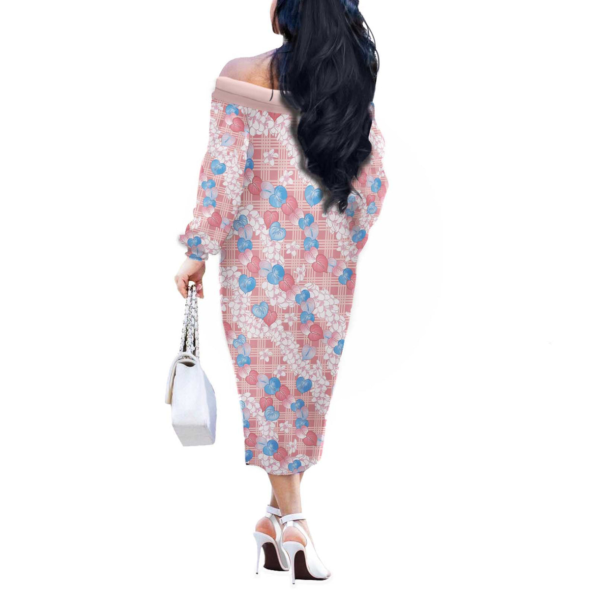 Anthurium Plumeria Lei Pastel Off The Shoulder Long Sleeve Dress Pink Hawaiian Splendid Palaka LT01 - Polynesian Pride