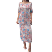 Anthurium Plumeria Lei Pastel Puletasi Pink Hawaiian Splendid Palaka LT01 Long Dress Pink - Polynesian Pride