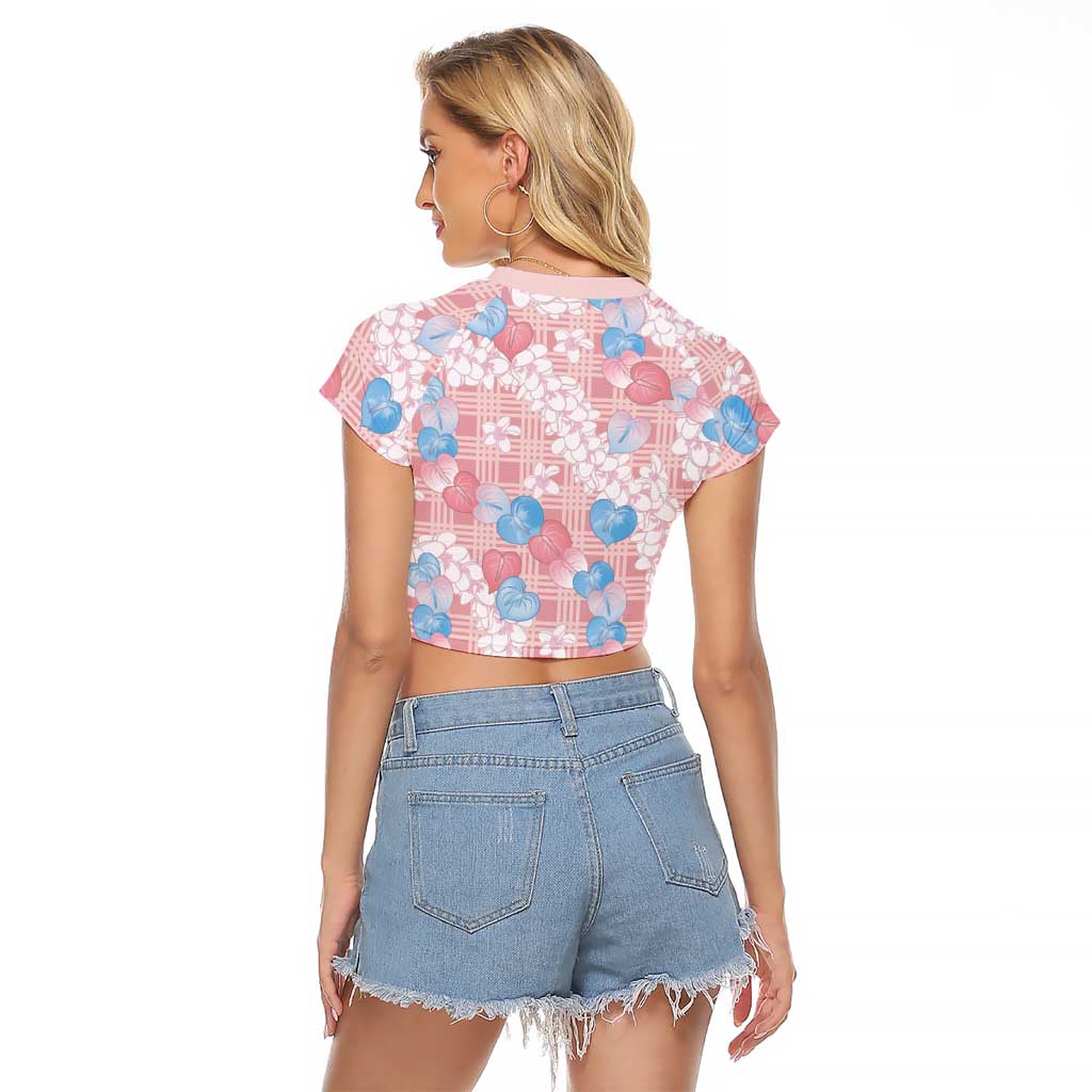 Anthurium Plumeria Lei Pastel Raglan Cropped T Shirt Pink Hawaiian Splendid Palaka LT01 - Polynesian Pride