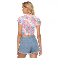 Anthurium Plumeria Lei Pastel Raglan Cropped T Shirt Pink Hawaiian Splendid Palaka LT01 - Polynesian Pride