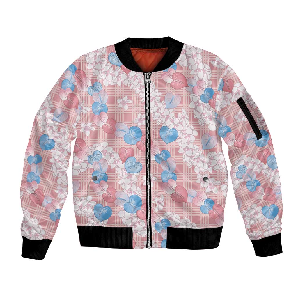 Anthurium Plumeria Lei Pastel Sleeve Zip Bomber Jacket Pink Hawaiian Splendid Palaka