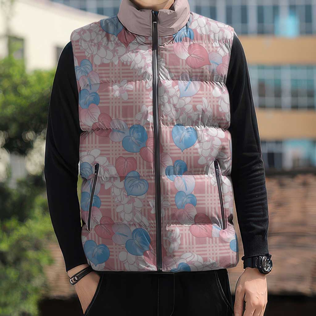 Anthurium Plumeria Lei Pastel Sleeveless Puffer Jacket Pink Hawaiian Splendid Palaka LT01 - Polynesian Pride