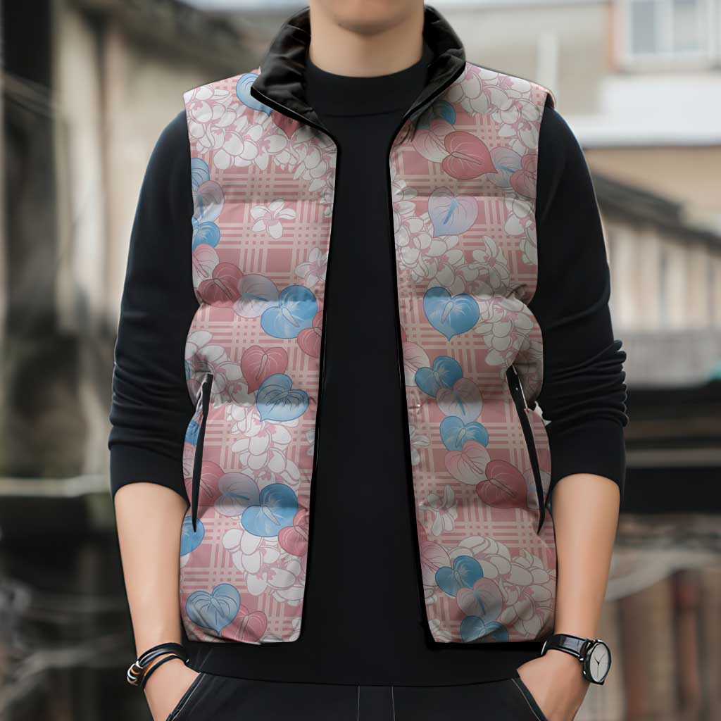 Anthurium Plumeria Lei Pastel Sleeveless Puffer Jacket Pink Hawaiian Splendid Palaka LT01 - Polynesian Pride