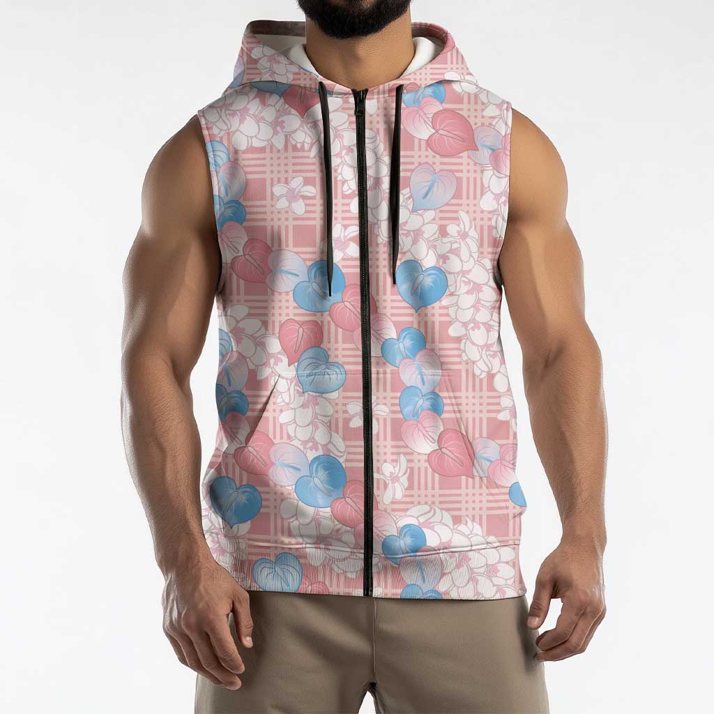 Anthurium Plumeria Lei Pastel Sleeveless Zip Hoodie Pink Hawaiian Splendid Palaka LT01 - Polynesian Pride