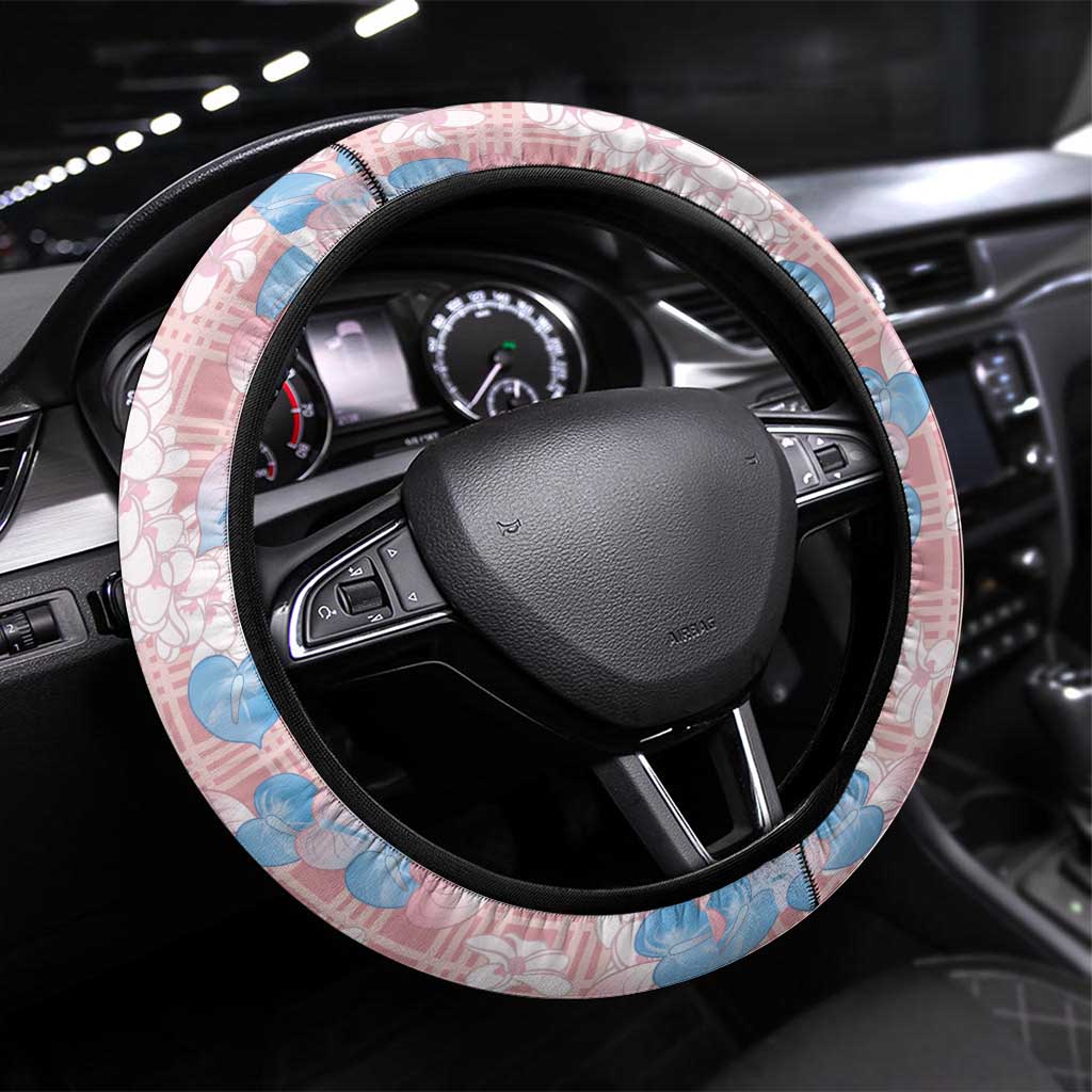 Anthurium Plumeria Lei Pastel Steering Wheel Cover Pink Hawaiian Splendid Palaka LT01 Universal Fit Pink - Polynesian Pride