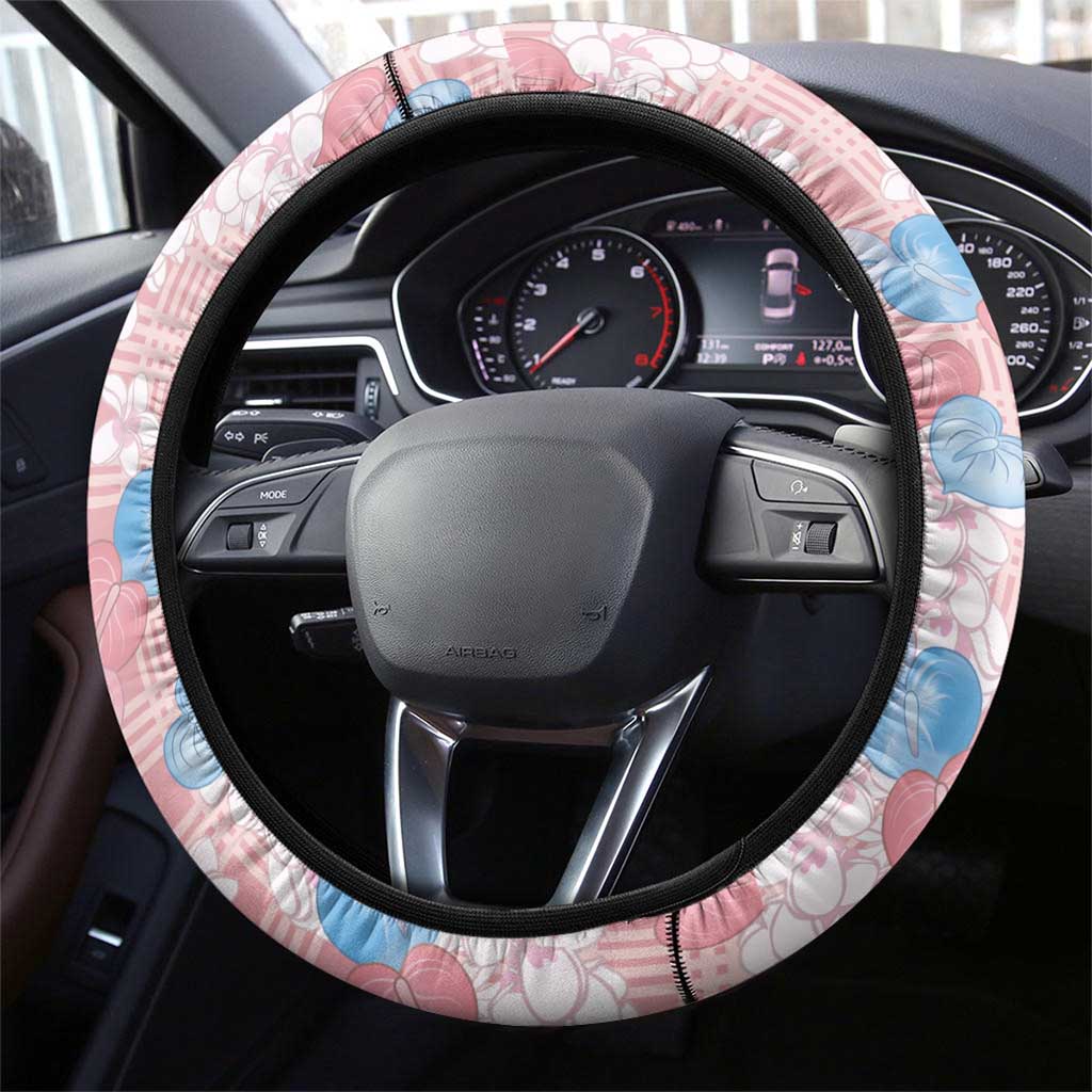 Anthurium Plumeria Lei Pastel Steering Wheel Cover Pink Hawaiian Splendid Palaka LT01 - Polynesian Pride