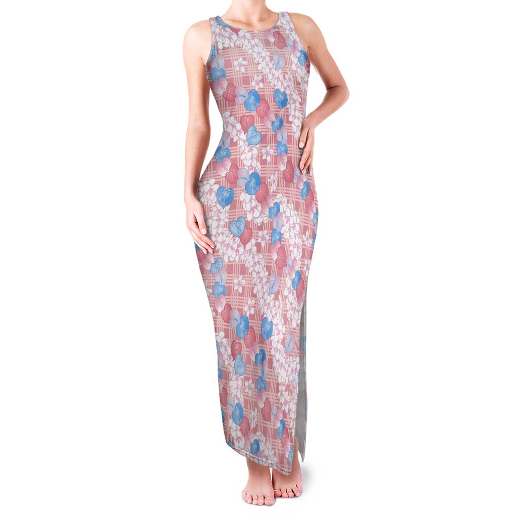 Anthurium Plumeria Lei Pastel Tank Maxi Dress Pink Hawaiian Splendid Palaka LT01 Women Pink - Polynesian Pride
