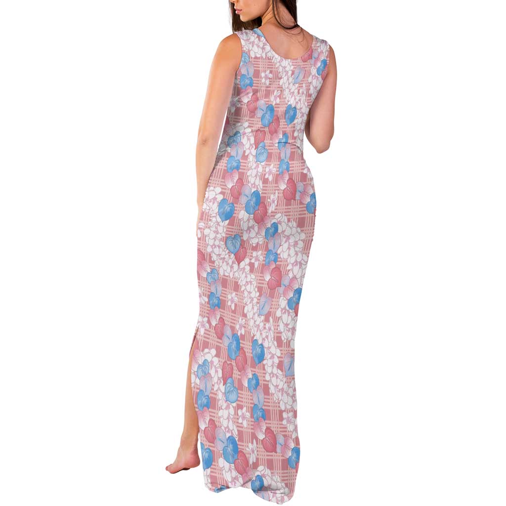 Anthurium Plumeria Lei Pastel Tank Maxi Dress Pink Hawaiian Splendid Palaka LT01 - Polynesian Pride