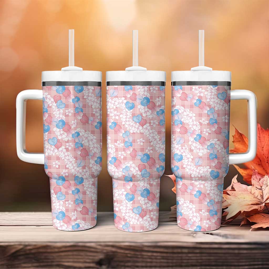Anthurium Plumeria Lei Pastel Tumbler With Handle Pink Hawaiian Splendid Palaka LT01 - Polynesian Pride