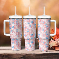 Anthurium Plumeria Lei Pastel Tumbler With Handle Pink Hawaiian Splendid Palaka LT01 - Polynesian Pride