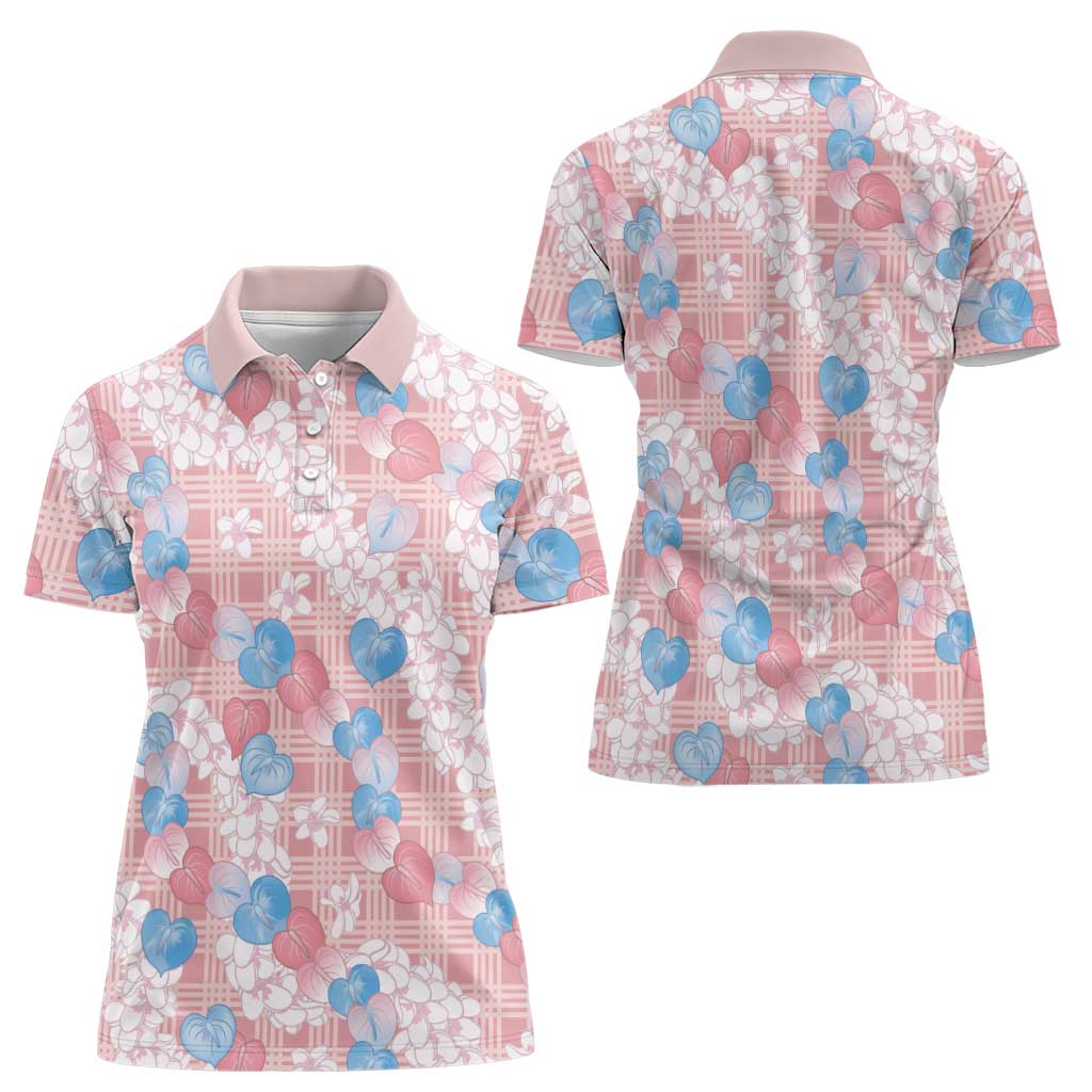 Anthurium Plumeria Lei Pastel Women Polo Shirt Pink Hawaiian Splendid Palaka LT01 - Polynesian Pride