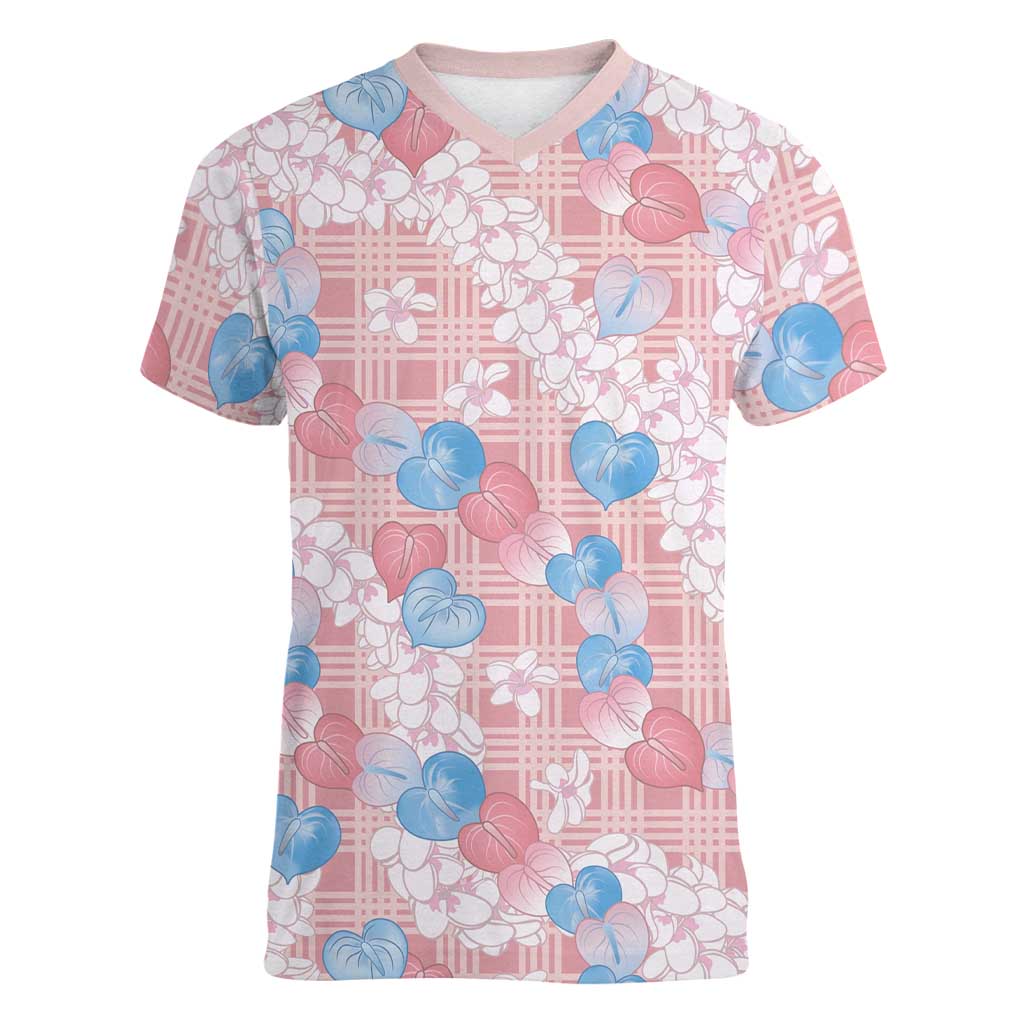 Anthurium Plumeria Lei Pastel Women V-Neck T-Shirt Pink Hawaiian Splendid Palaka