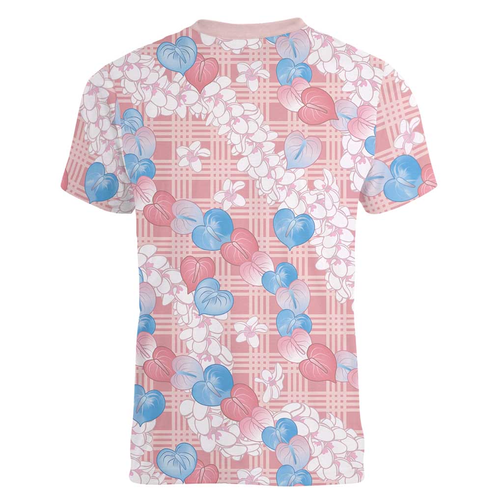 Anthurium Plumeria Lei Pastel Women V-Neck T-Shirt Pink Hawaiian Splendid Palaka LT01 - Polynesian Pride