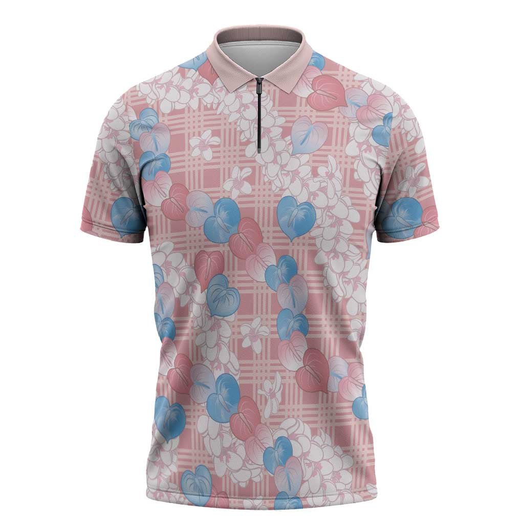 Anthurium Plumeria Lei Pastel Zipper Polo Shirt Pink Hawaiian Splendid Palaka