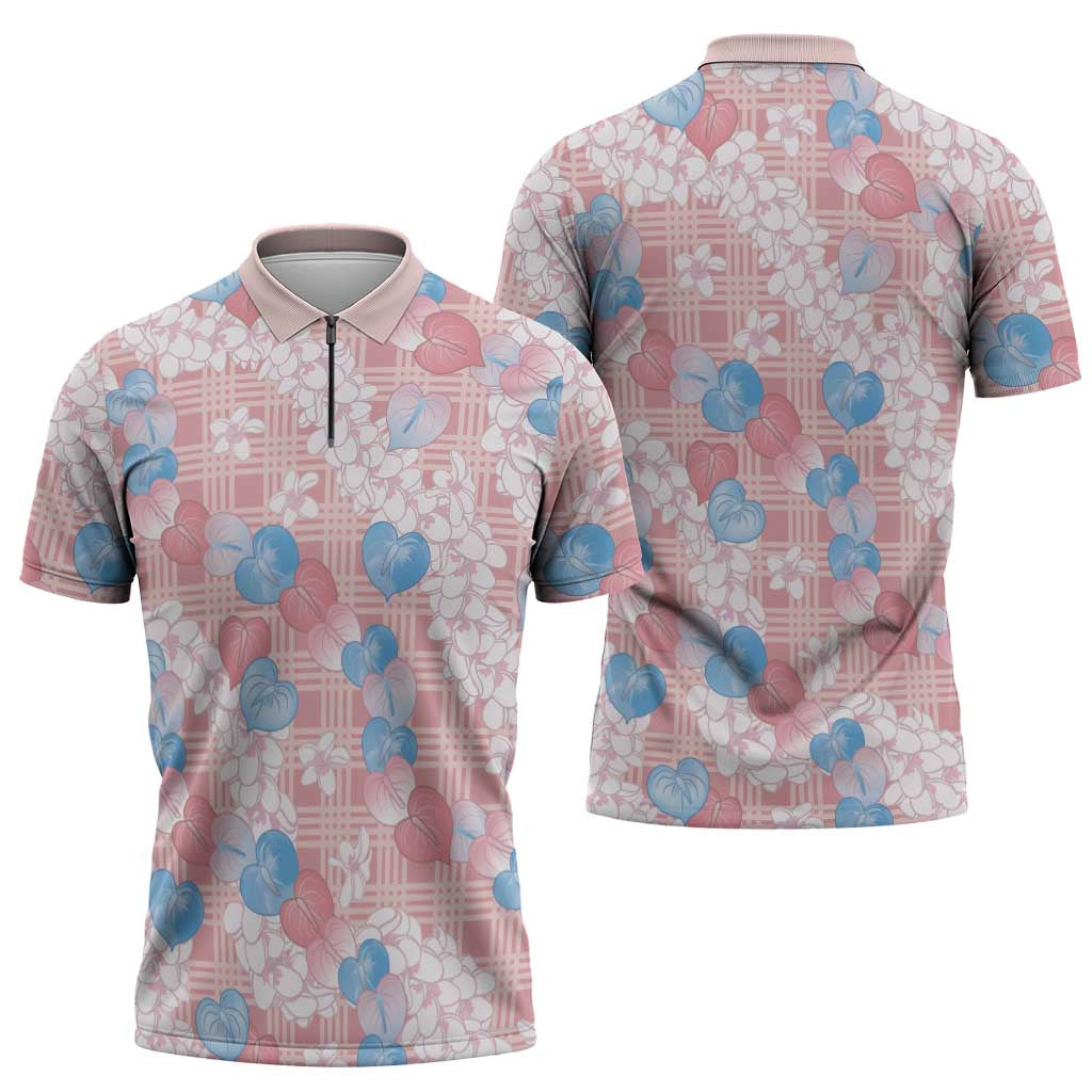 Anthurium Plumeria Lei Pastel Zipper Polo Shirt Pink Hawaiian Splendid Palaka LT01 - Polynesian Pride