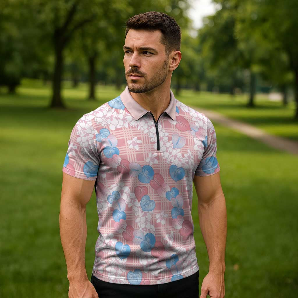 Anthurium Plumeria Lei Pastel Zipper Polo Shirt Pink Hawaiian Splendid Palaka LT01 - Polynesian Pride