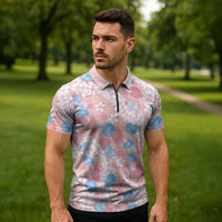 Anthurium Plumeria Lei Pastel Zipper Polo Shirt Pink Hawaiian Splendid Palaka LT01 - Polynesian Pride