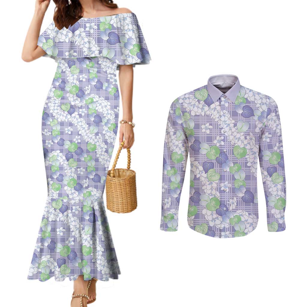 Anthurium Plumeria Lei Pastel Couples Matching Mermaid Dress and Long Sleeve Button Shirt Purple Hawaiian Splendid Palaka