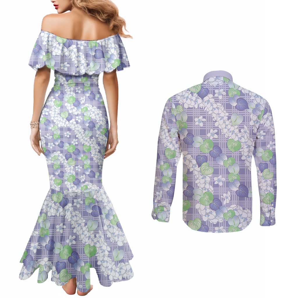 Anthurium Plumeria Lei Pastel Couples Matching Mermaid Dress and Long Sleeve Button Shirt Purple Hawaiian Splendid Palaka