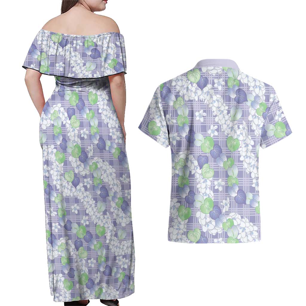 Anthurium Plumeria Lei Pastel Couples Matching Off Shoulder Maxi Dress and Hawaiian Shirt Purple Hawaiian Splendid Palaka