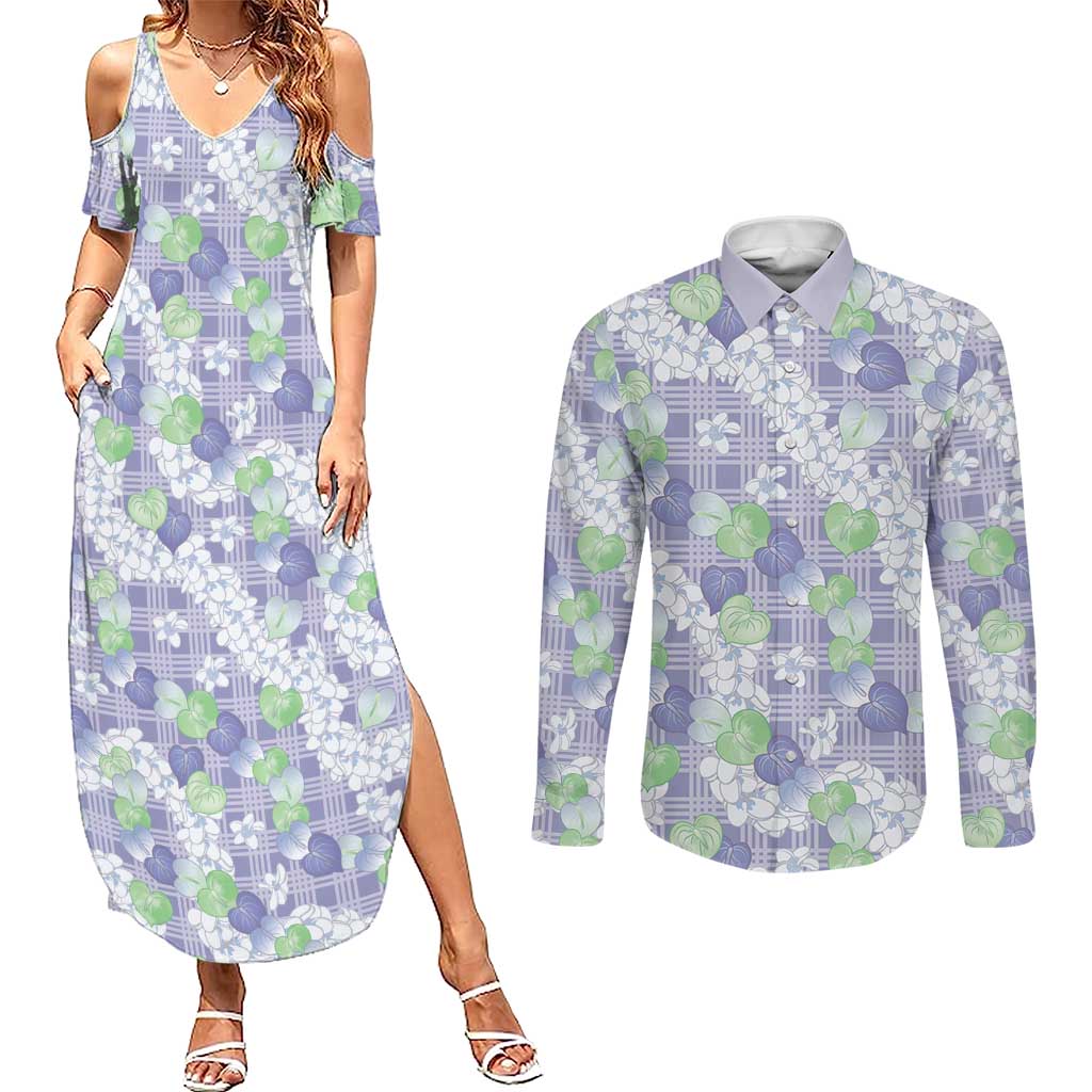 Anthurium Plumeria Lei Pastel Couples Matching Summer Maxi Dress and Long Sleeve Button Shirt Purple Hawaiian Splendid Palaka