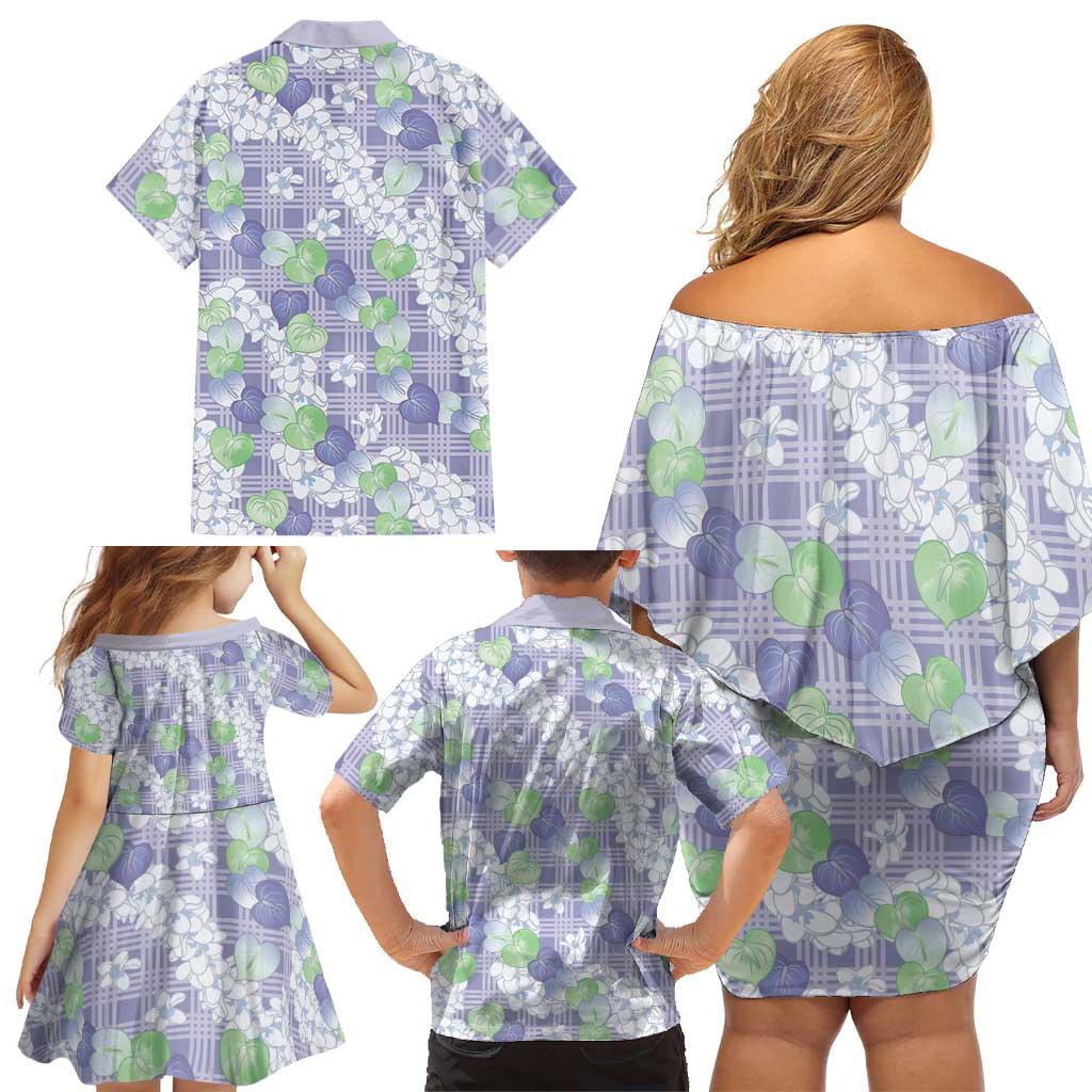 Anthurium Plumeria Lei Pastel Family Matching Off Shoulder Short Dress and Hawaiian Shirt Purple Hawaiian Splendid Palaka