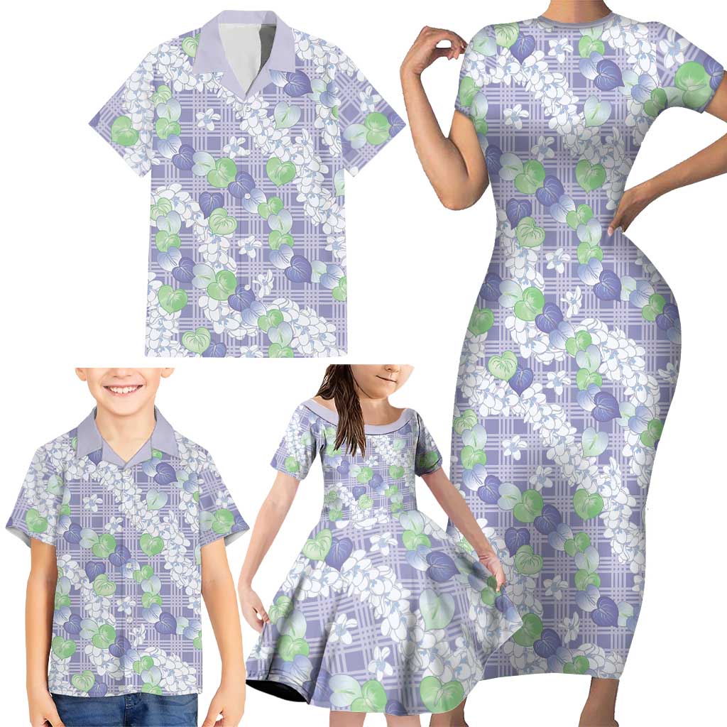 Anthurium Plumeria Lei Pastel Family Matching Short Sleeve Bodycon Dress and Hawaiian Shirt Purple Hawaiian Splendid Palaka