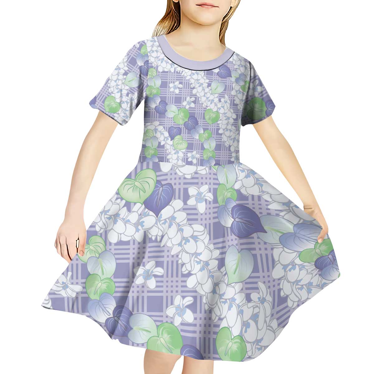 Anthurium Plumeria Lei Pastel Kid Short Sleeve Dress Purple Hawaiian Splendid Palaka LT01 - Polynesian Pride