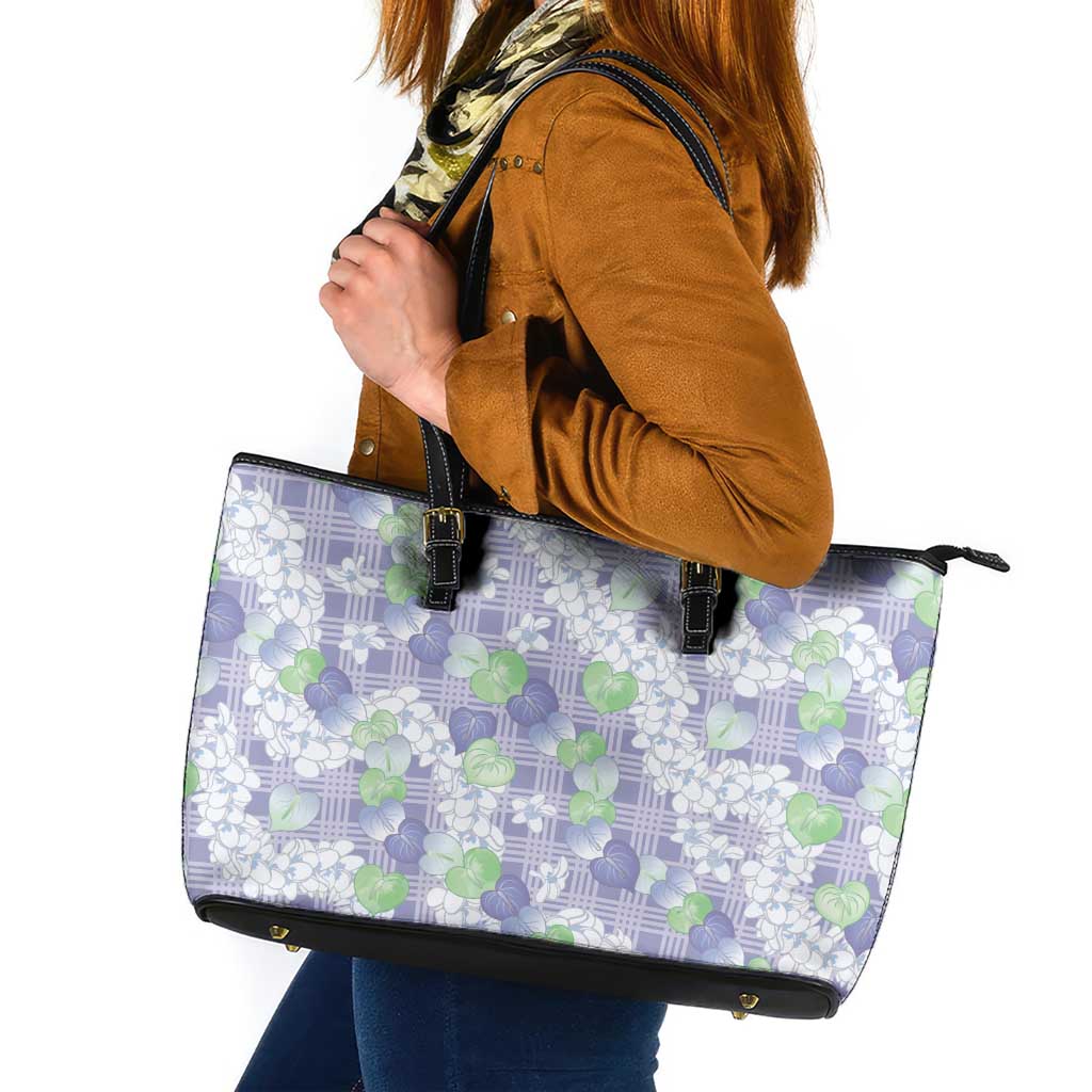 Anthurium Plumeria Lei Pastel Leather Tote Bag Purple Hawaiian Splendid Palaka