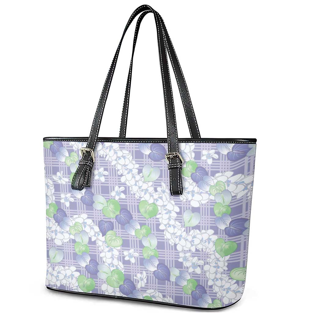 Anthurium Plumeria Lei Pastel Leather Tote Bag Purple Hawaiian Splendid Palaka LT01 - Polynesian Pride