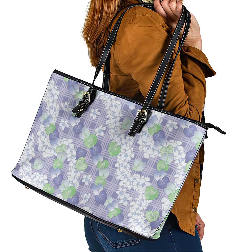 Anthurium Plumeria Lei Pastel Leather Tote Bag Purple Hawaiian Splendid Palaka LT01 - Polynesian Pride