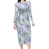 Anthurium Plumeria Lei Pastel Long Sleeve Bodycon Dress Purple Hawaiian Splendid Palaka LT01 Long Dress Purple - Polynesian Pride