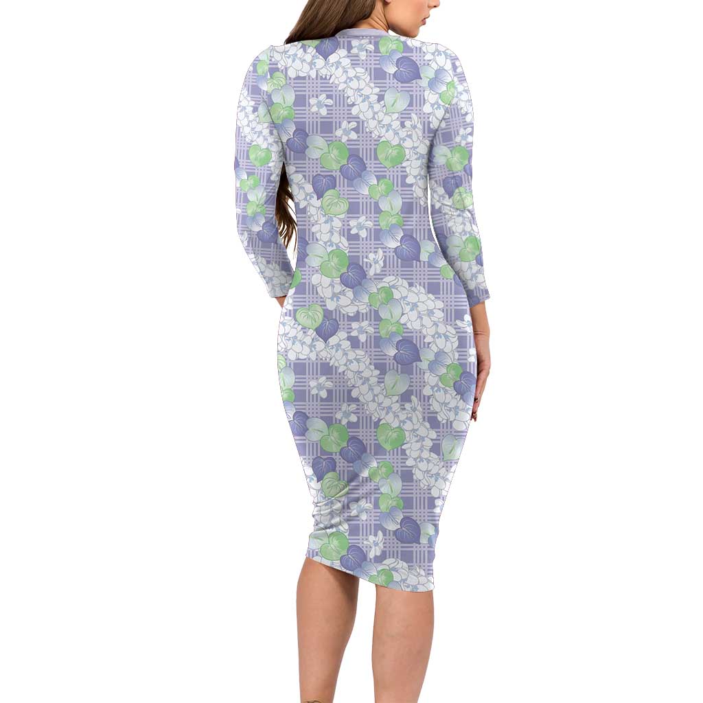 Anthurium Plumeria Lei Pastel Long Sleeve Bodycon Dress Purple Hawaiian Splendid Palaka LT01 - Polynesian Pride
