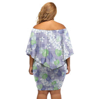 Anthurium Plumeria Lei Pastel Off Shoulder Short Dress Purple Hawaiian Splendid Palaka