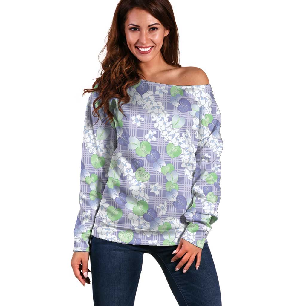 Anthurium Plumeria Lei Pastel Off Shoulder Sweater Purple Hawaiian Splendid Palaka